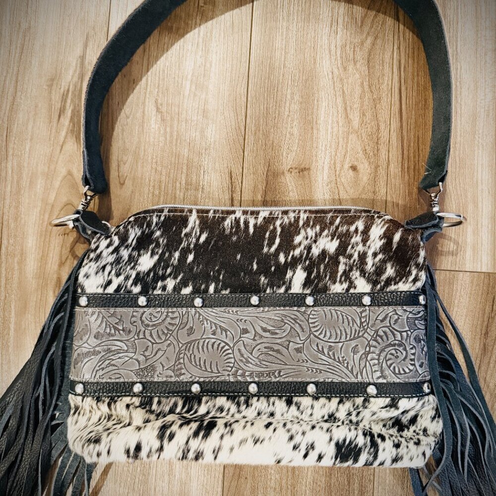 DCD “Annie” Shoulder Bag | Chocolate/White Hide + Lead Dallas Tool | Fringe - Picture 3 of 7
